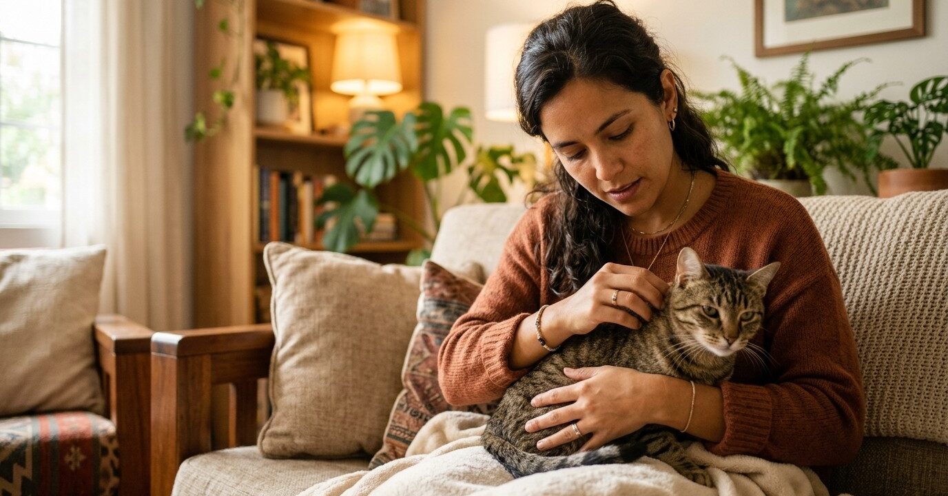 alergias-en-gatos-heredia Dueña revisando con cuidado el pelaje de su gato por posible alergia