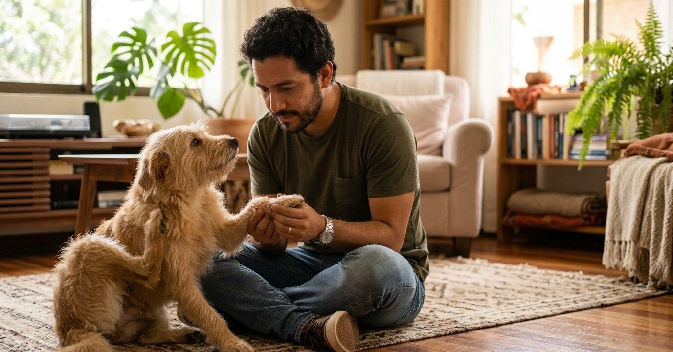 Dueño revisando con cuidado la piel de su perro por picazón y alergia