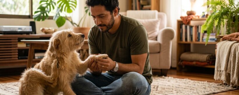 alergias-en-perros-sintomas-heredia Dueño revisando con cuidado la piel de su perro por picazón y alergia