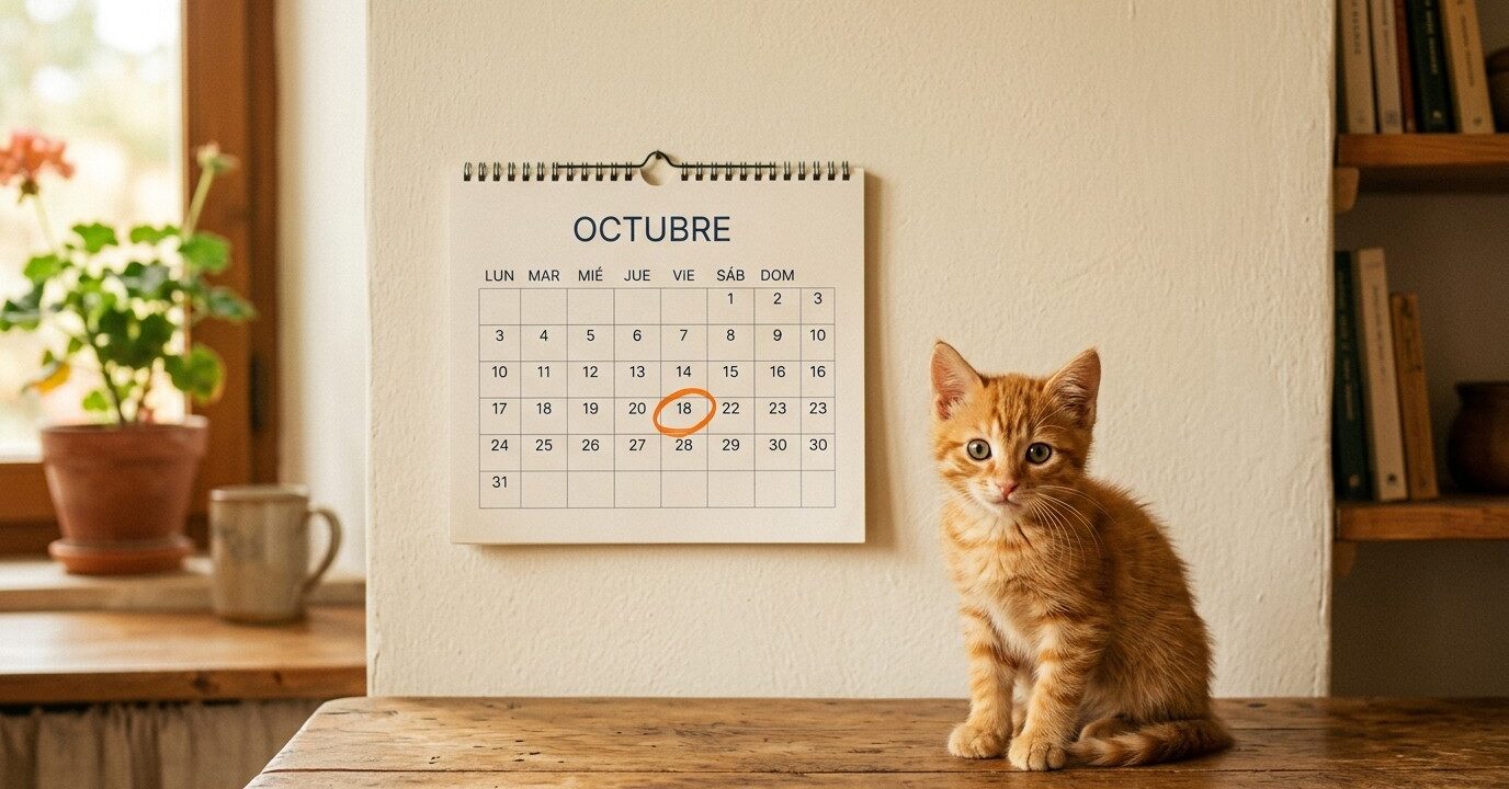 Gatito atigrado junto a un calendario con la fecha de la vacuna antirrábica marcada