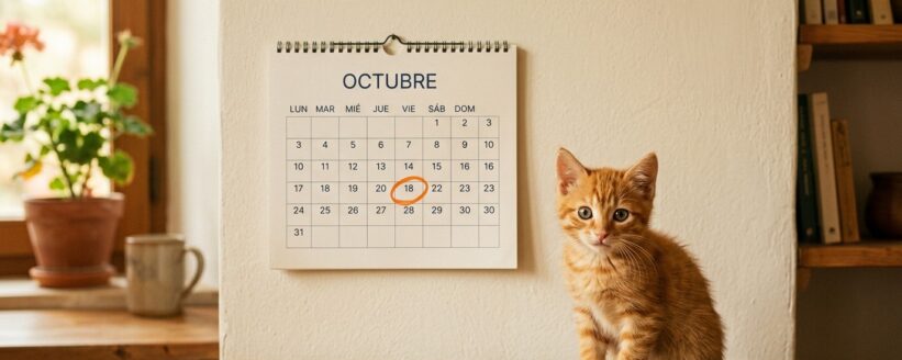 calendario-vacunacion-gatos-antirrabica-heredia Gatito atigrado junto a un calendario con la fecha de la vacuna antirrábica marcada