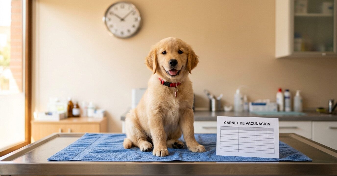 calendario-vacunas-perros-carnet-heredia Cachorro golden retriever junto a su carnet de vacunación en la veterinaria