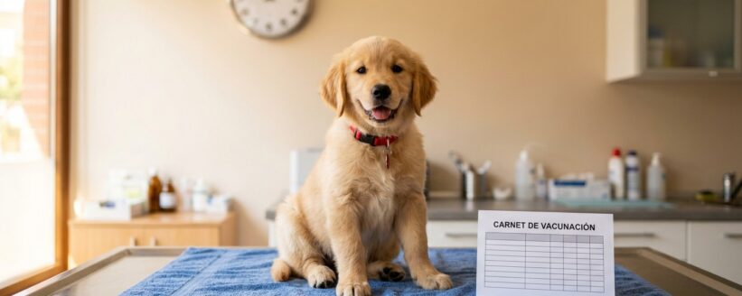 calendario-vacunas-perros-carnet-heredia Cachorro golden retriever junto a su carnet de vacunación en la veterinaria