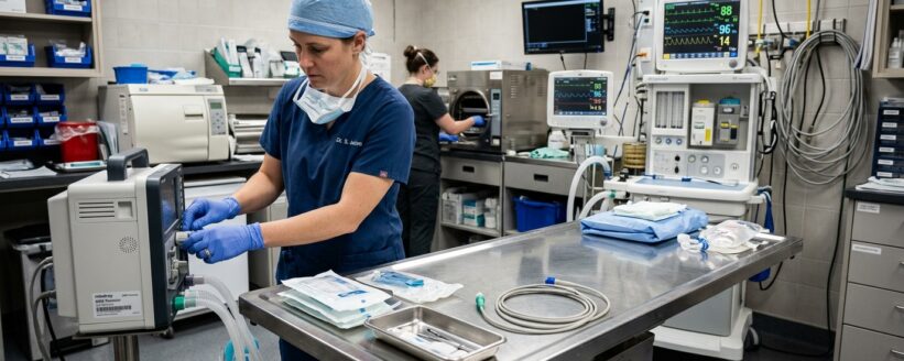 Veterinario revisando equipo en la sala de cirugía de un hospital veterinario