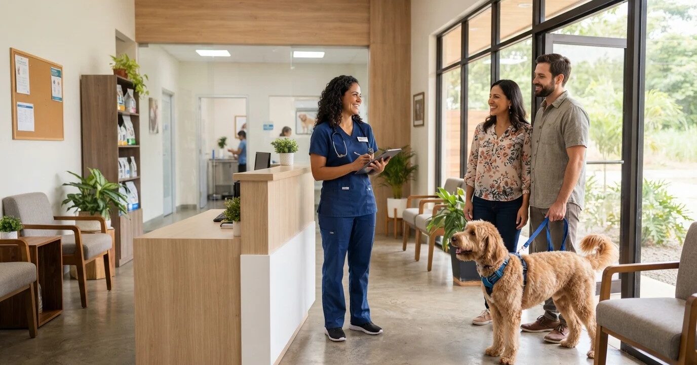 Veterinaria recibiendo con una sonrisa cálida a una familia con su perro en la clínica