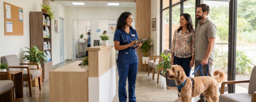 Veterinaria recibiendo con una sonrisa cálida a una familia con su perro en la clínica Veterinaria recibiendo con una sonrisa cálida a una familia con su perro en la clínica