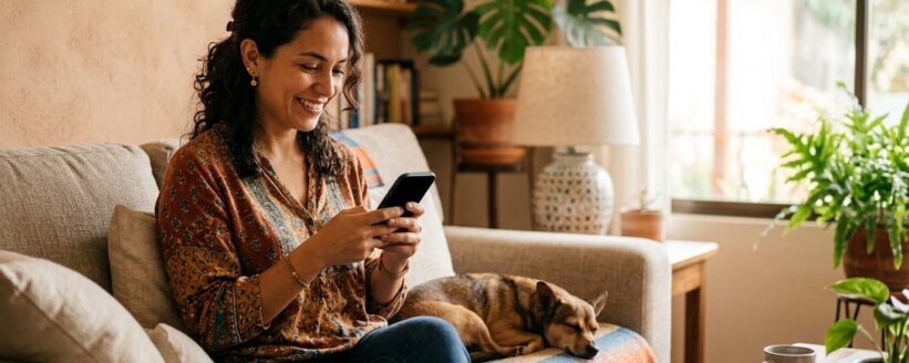 Mujer consultando por el chat el costo de una consulta veterinaria en Heredia