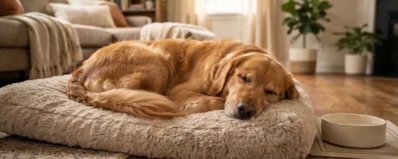 Perro descansando cómodamente en casa después de su vacuna Perro descansando cómodamente en casa después de su vacuna