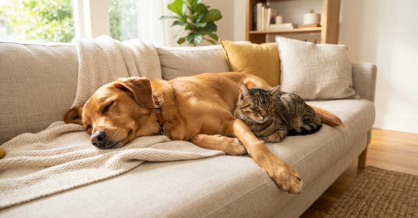 Perro y gato sanos descansando juntos en casa, representando el cuidado preventivo Perro y gato sanos descansando juntos en casa, representando el cuidado preventivo