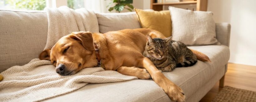 Perro y gato sanos descansando juntos en casa, representando el cuidado preventivo Perro y gato sanos descansando juntos en casa, representando el cuidado preventivo