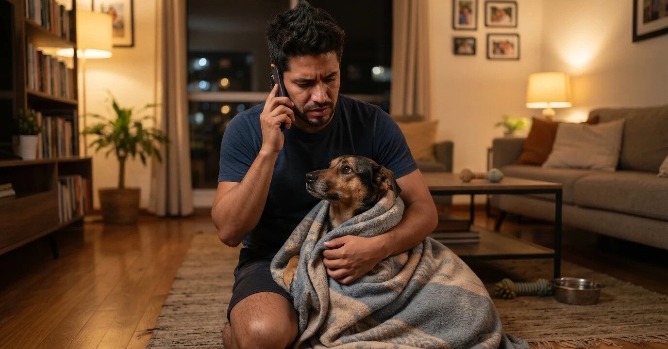 Dueño manteniendo la calma y llamando a la veterinaria mientras sostiene con cuidado a su perro Dueño manteniendo la calma y llamando a la veterinaria mientras sostiene con cuidado a su perro