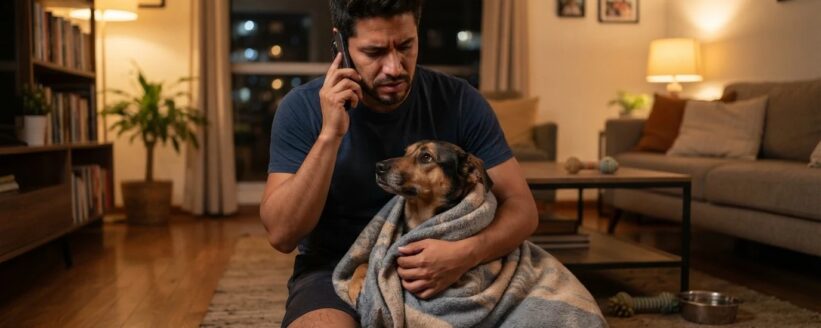 Dueño manteniendo la calma y llamando a la veterinaria mientras sostiene con cuidado a su perro