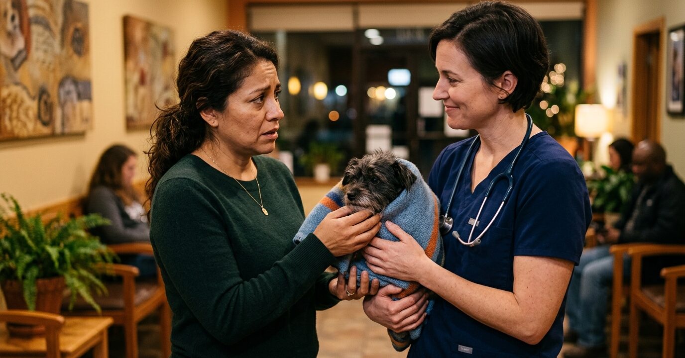 Mujer entregando a su perro a una veterinaria de noche en una clínica veterinaria
