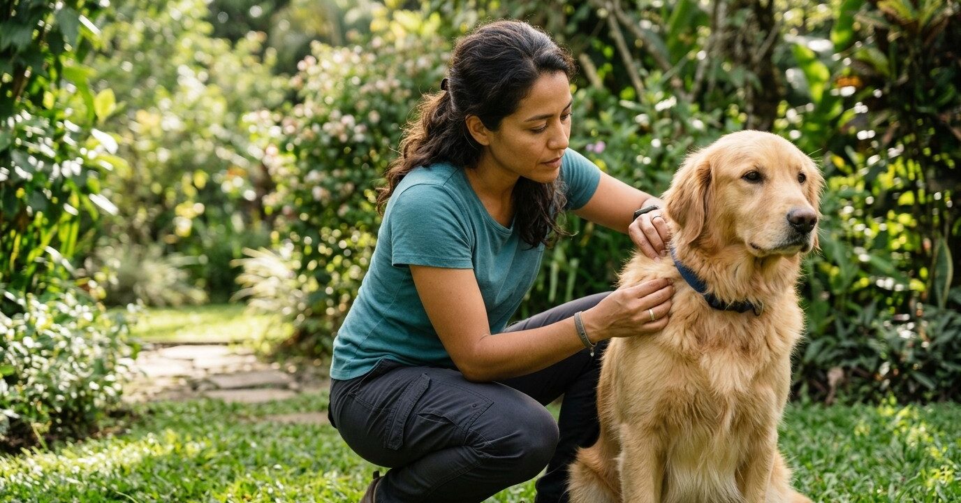 Dueña revisando el pelaje de su perro en el jardín para detectar garrapatas