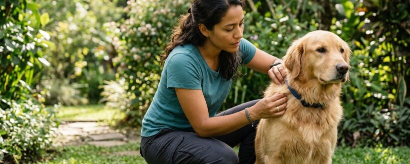 garrapatas-en-perros-ehrlichiosis-heredia Dueña revisando el pelaje de su perro en el jardín para detectar garrapatas