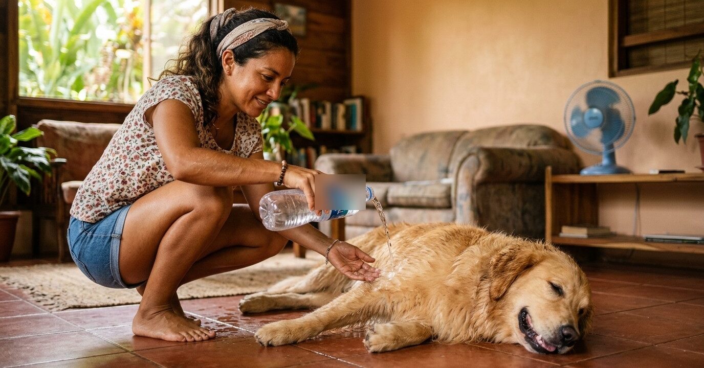 Dueña refrescando con calma a su perro dorado por golpe de calor en Heredia