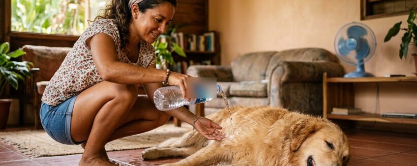 golpe-de-calor-perros-gatos-heredia Dueña refrescando con calma a su perro dorado por golpe de calor en Heredia