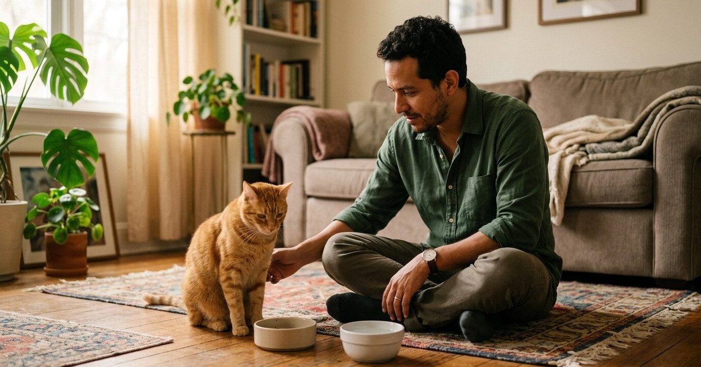 mi-gato-vomita-heredia Dueño observando con atención a su gato que vomitó junto al plato de comida