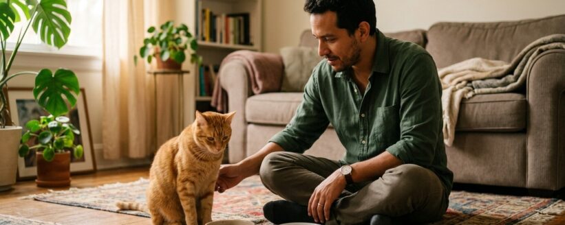 Dueño observando con atención a su gato que vomitó junto al plato de comida
