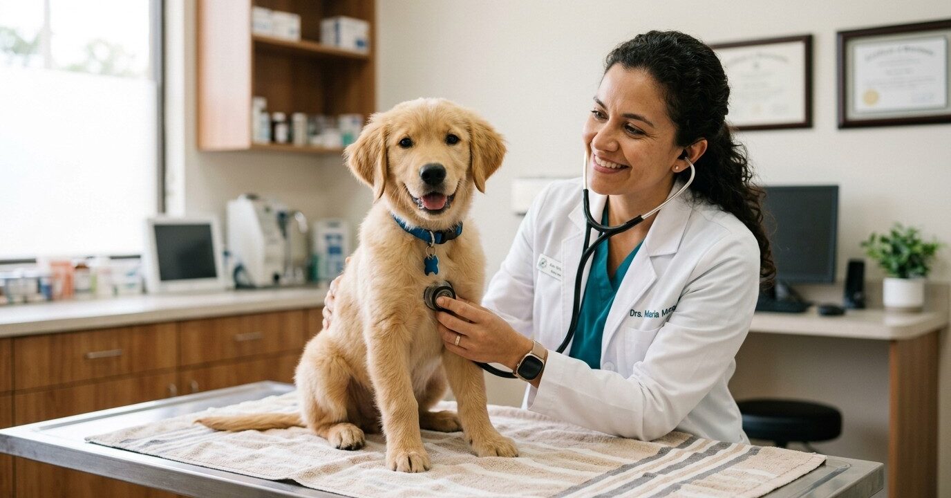 moquillo-canino-vacuna-heredia Veterinaria revisando a un cachorro sano con esquema de vacunas al día