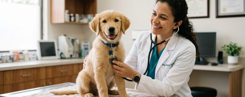 moquillo-canino-vacuna-heredia Veterinaria revisando a un cachorro sano con esquema de vacunas al día