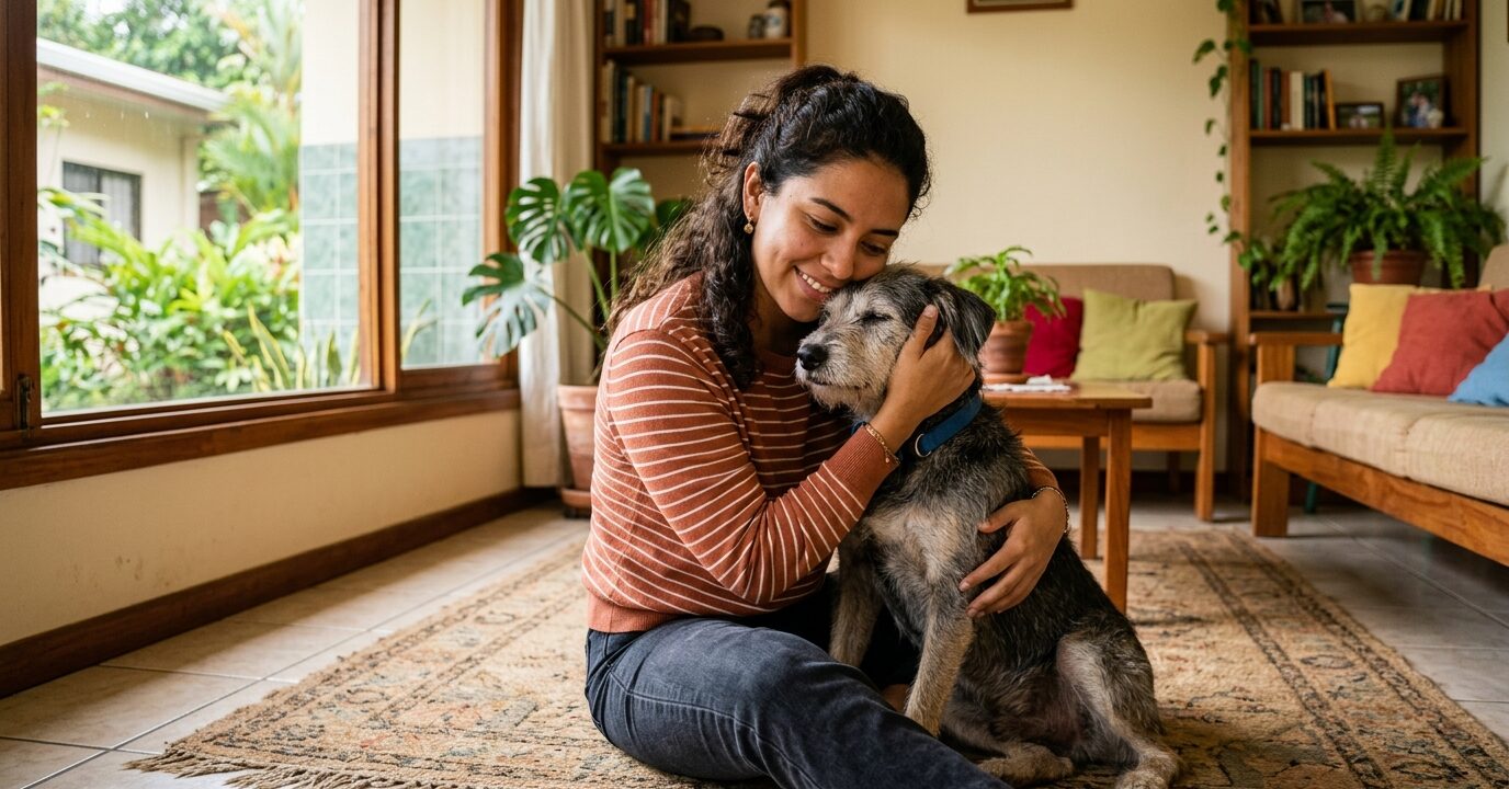 Mujer abrazando con cariño a su perro en su hogar en Heredia