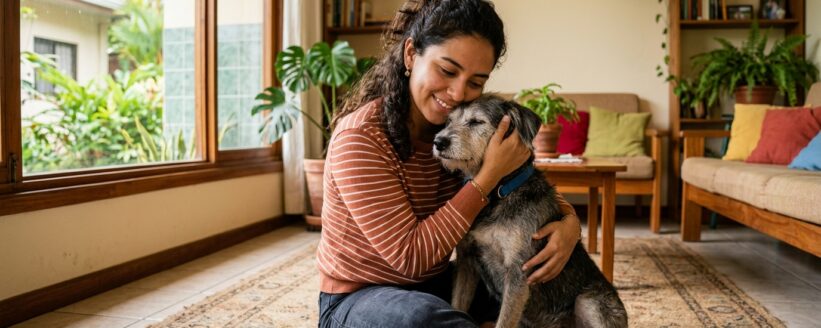 no-tengo-dinero-veterinario-heredia Mujer abrazando con cariño a su perro en su hogar en Heredia
