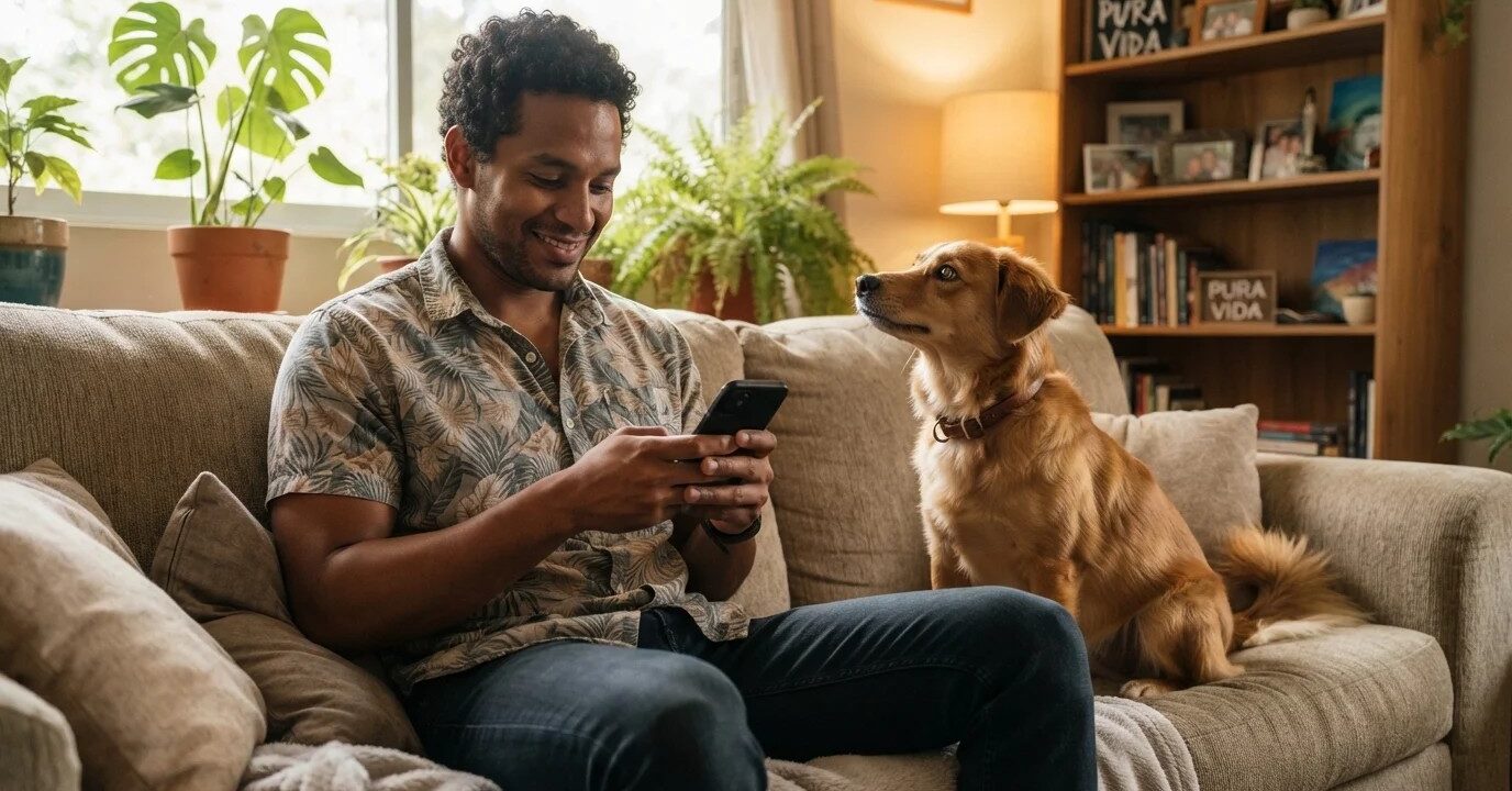 Dueño de mascota escribiendo por chat para agendar una cita veterinaria, con su perro al lado Dueño de mascota escribiendo por chat para agendar una cita veterinaria, con su perro al lado