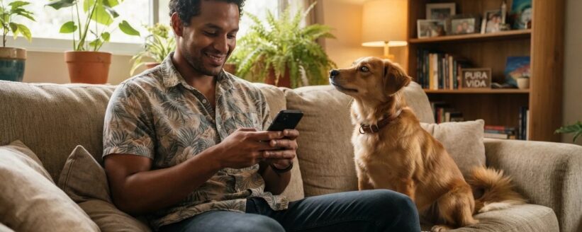 Dueño de mascota escribiendo por chat para agendar una cita veterinaria, con su perro al lado