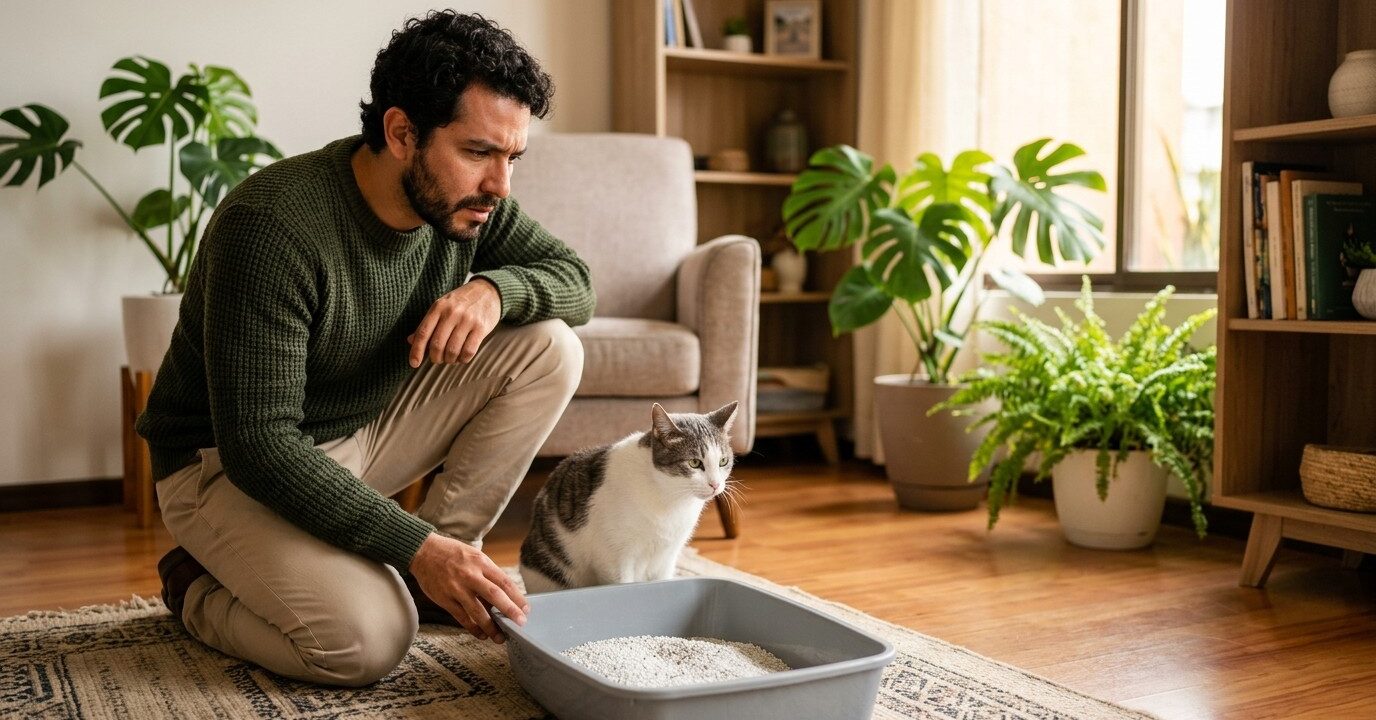 problemas-urinarios-en-gatos-heredia Dueño preocupado observando a su gato cerca de la caja de arena