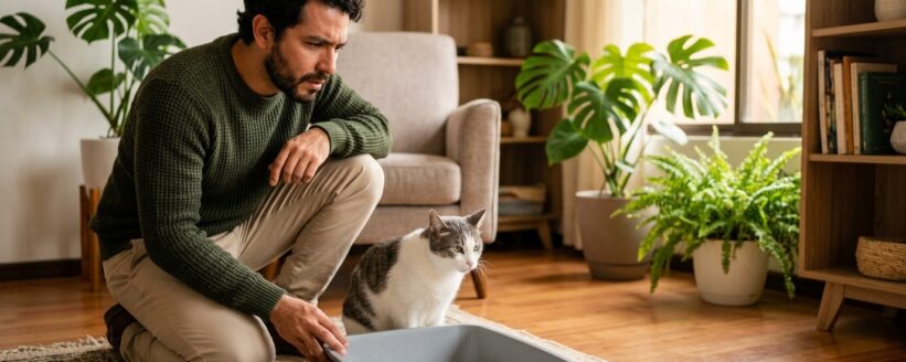 problemas-urinarios-en-gatos-heredia Dueño preocupado observando a su gato cerca de la caja de arena
