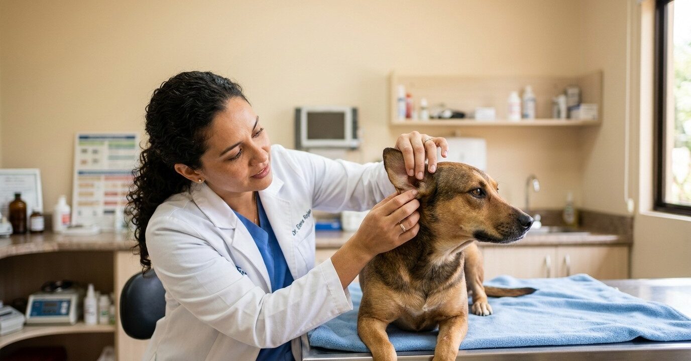sarna-en-perros-heredia Veterinaria revisando la piel y oreja de un perro por sospecha de sarna