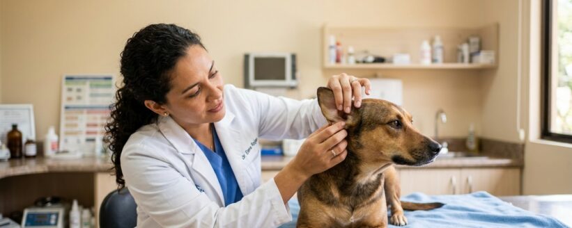 Veterinaria revisando la piel y oreja de un perro por sospecha de sarna