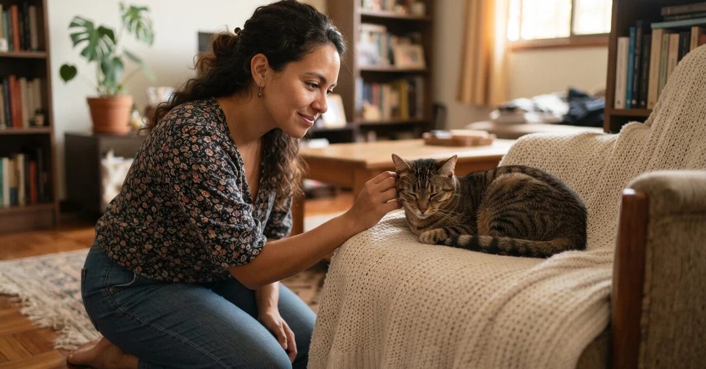 Dueña observando con atención a su gata que descansa de forma inusual Dueña observando con atención a su gata que descansa de forma inusual