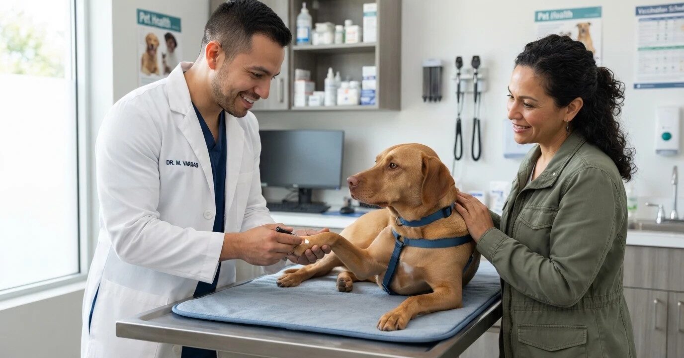Veterinario revisando con cuidado la pata de un perro para detectar una posible lesión