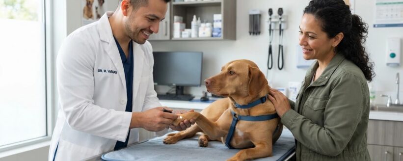 Veterinario revisando con cuidado la pata de un perro para detectar una posible lesión