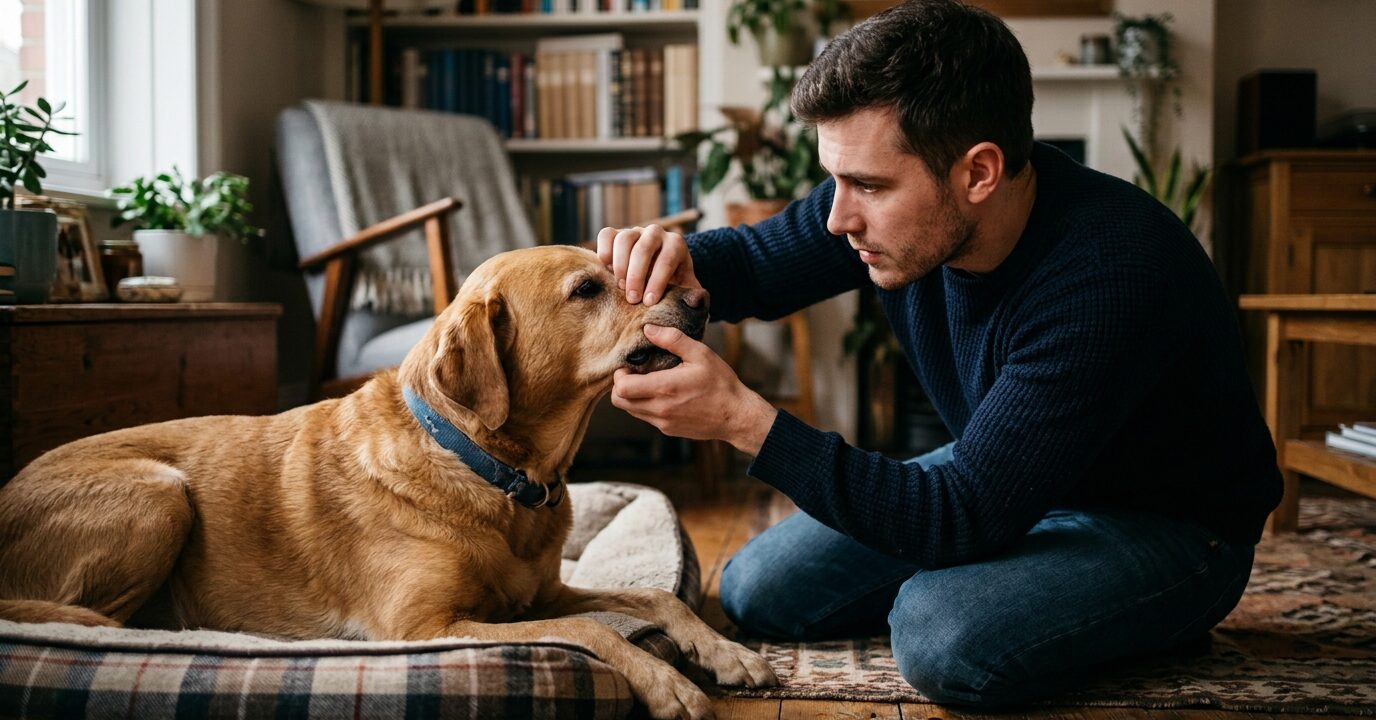 senales-mascota-veterinario-urgente-heredia Hombre revisando con preocupación a su perro en casa por señales de urgencia