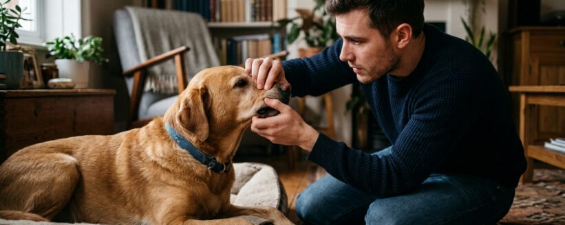 senales-mascota-veterinario-urgente-heredia Hombre revisando con preocupación a su perro en casa por señales de urgencia
