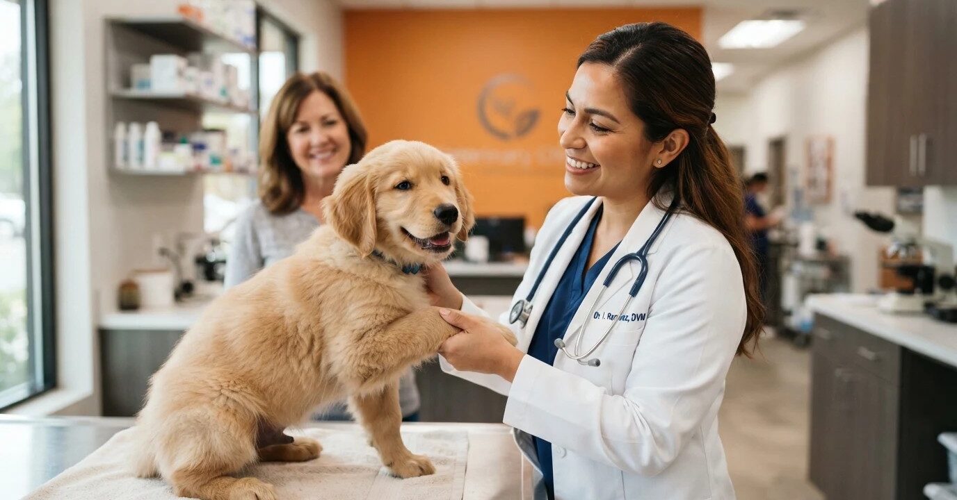 Veterinaria aplicando con calma la vacuna antirrábica a un cachorro en consulta Veterinaria aplicando con calma la vacuna antirrábica a un cachorro en consulta