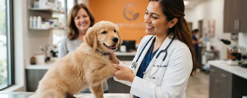 Veterinaria aplicando con calma la vacuna antirrábica a un cachorro en consulta Veterinaria aplicando con calma la vacuna antirrábica a un cachorro en consulta