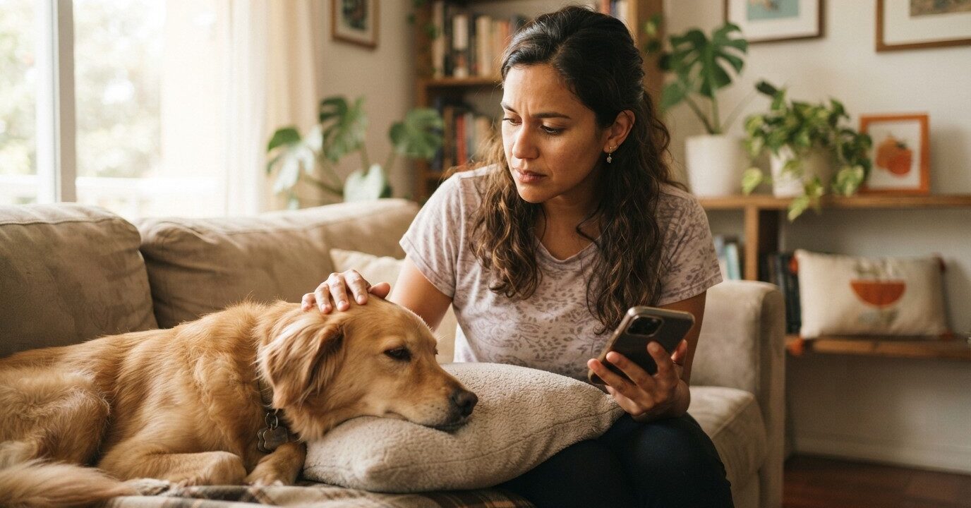 Veterinaria cerca de mí en Heredia Dueña preocupada consultando por chat una veterinaria cerca de ella en Heredia mientras cuida a su perro