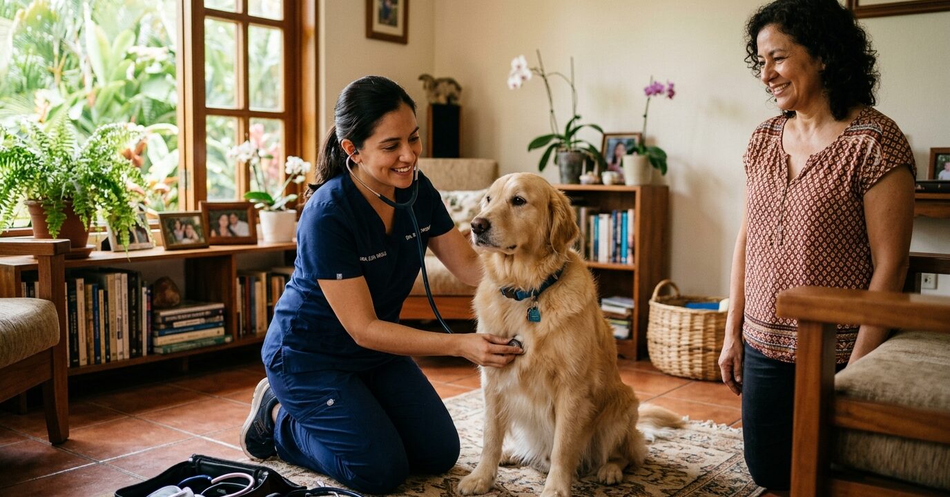 Veterinaria revisando a un perro golden retriever en una casa en Heredia