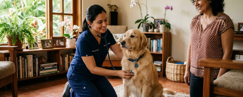 veterinario-a-domicilio-heredia Veterinaria revisando a un perro golden retriever en una casa en Heredia