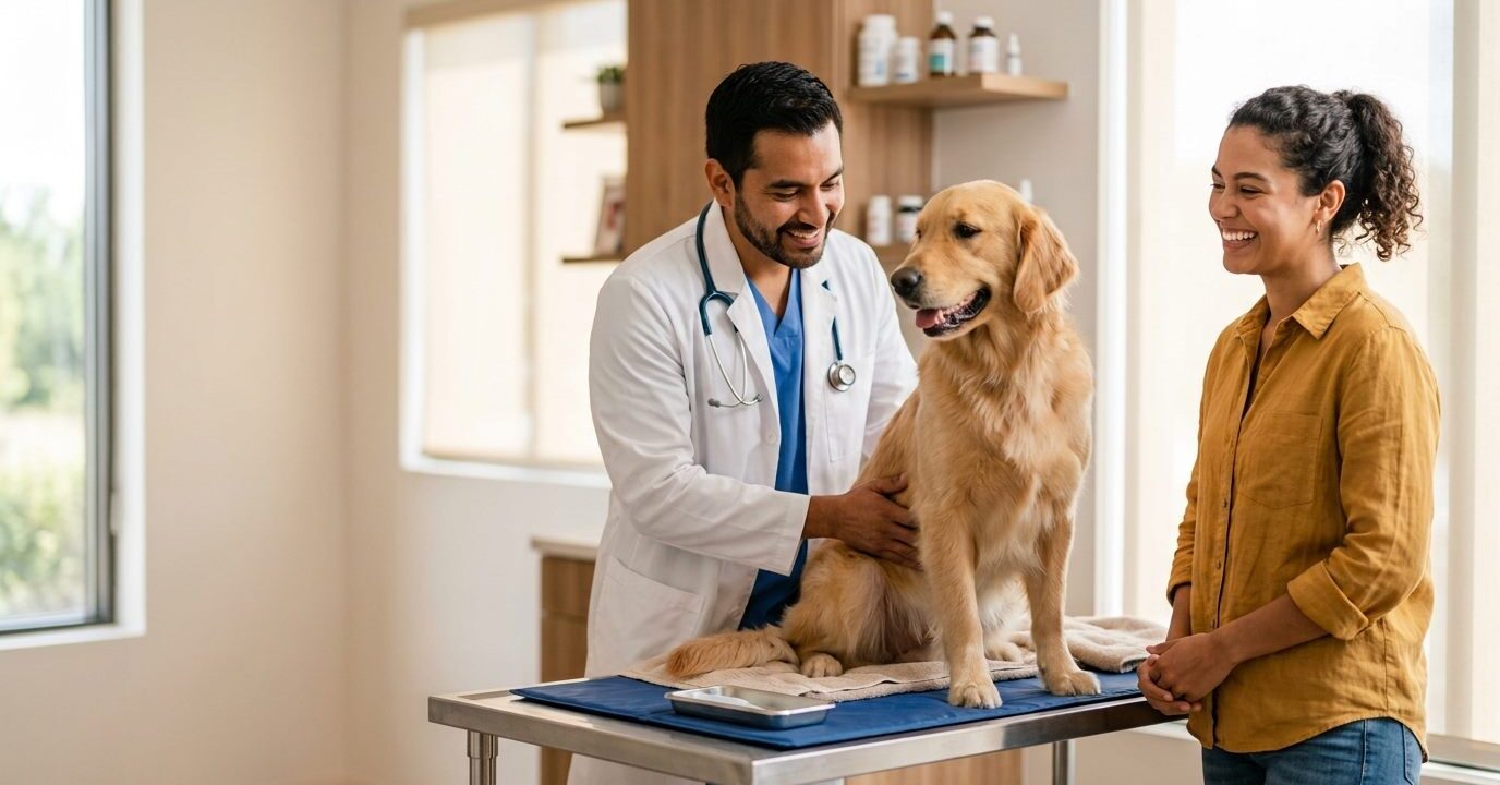 Veterinario revisando a un perro golden retriever junto a su dueña en una clínica veterinaria en Heredia Veterinario revisando a un perro golden retriever junto a su dueña en una clínica veterinaria en Heredia
