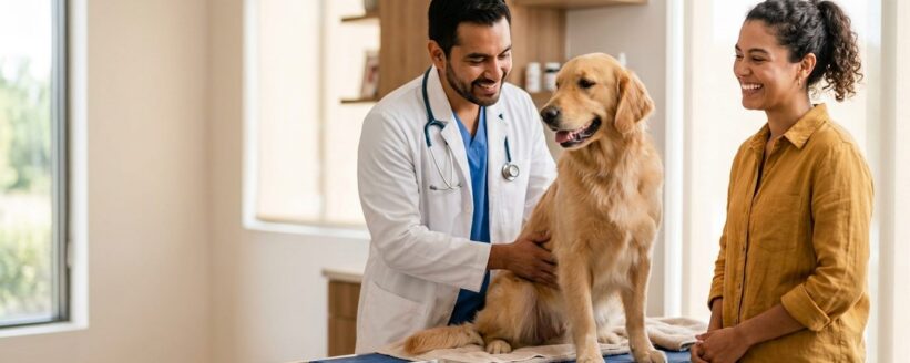 Veterinario revisando a un perro golden retriever junto a su dueña en una clínica veterinaria en Heredia