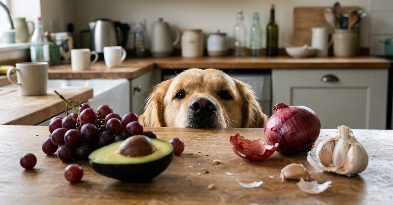 Perro golden retriever asomándose sobre una mesa de cocina con uvas, aguacate, cebolla roja y ajo, alimentos peligrosos para mascotas Perro golden retriever asomándose sobre una mesa de cocina con uvas, aguacate, cebolla roja y ajo, alimentos peligrosos para mascotas