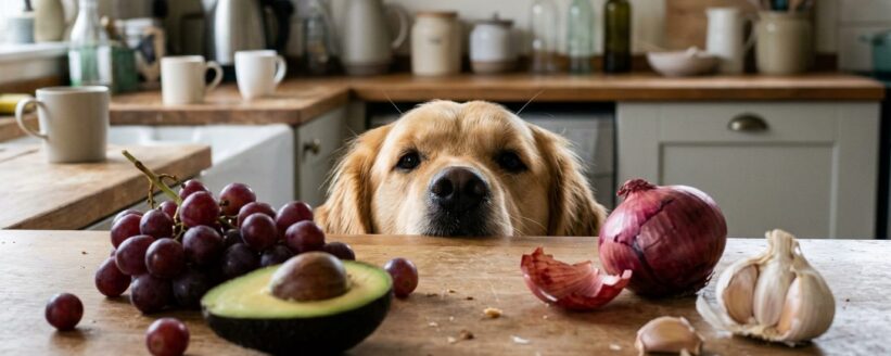 Perro golden retriever asomándose sobre una mesa de cocina con uvas, aguacate, cebolla roja y ajo, alimentos peligrosos para mascotas