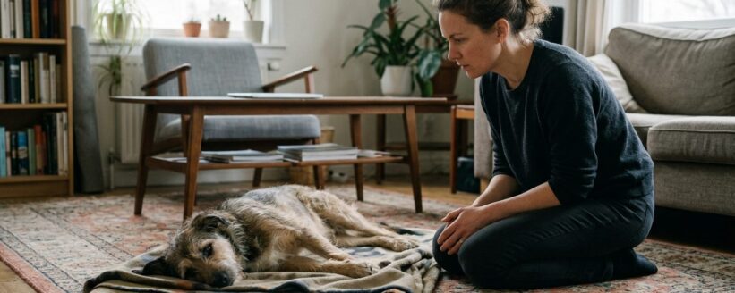 Mujer arrodillada en la sala de su casa observando con atención a su perro que descansa sobre una manta después de una convulsión Mujer arrodillada en la sala de su casa observando con atención a su perro que descansa sobre una manta después de una convulsión