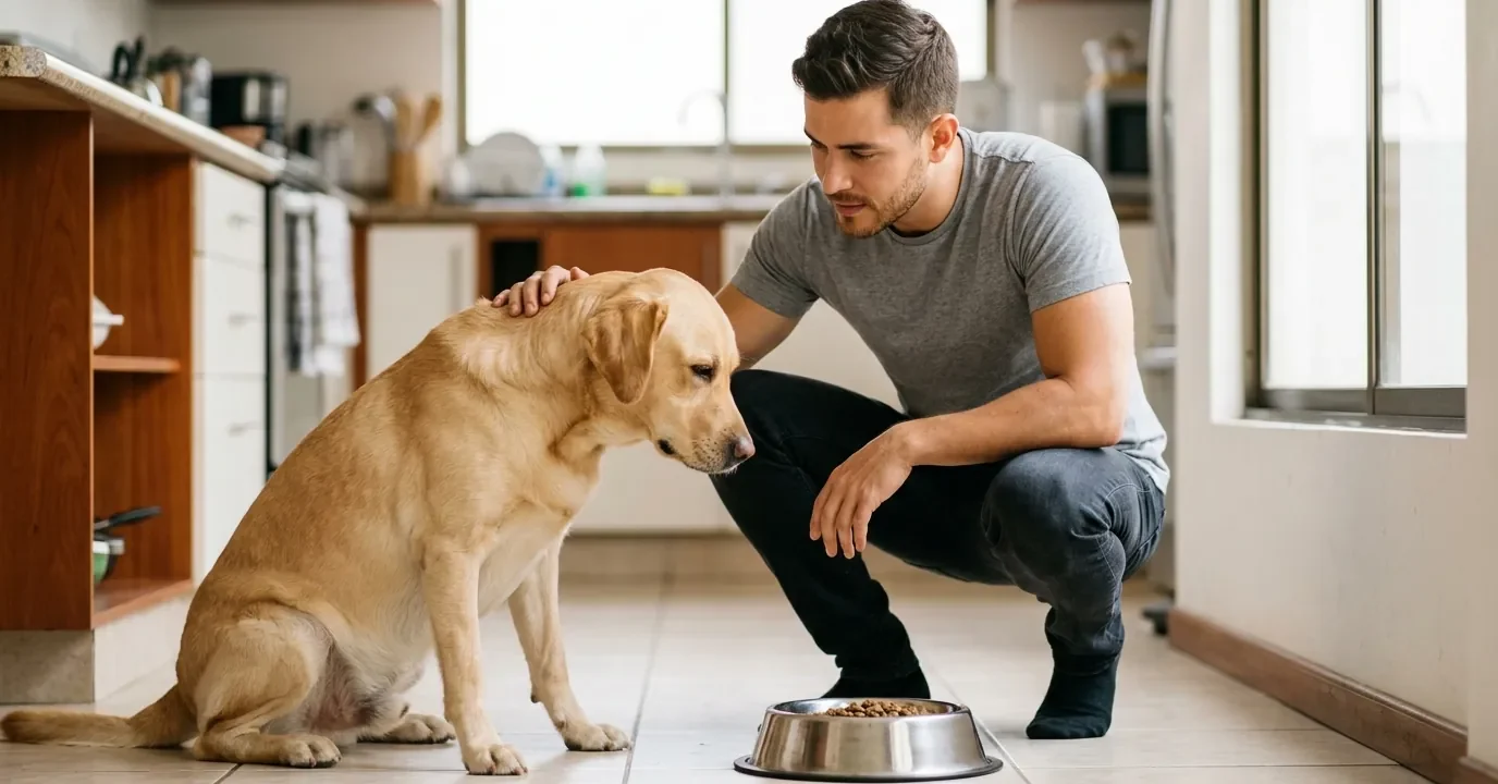 Hombre joven agachado en la cocina junto a su perro labrador que aparta la cara de su plato de comida porque no quiere comer Hombre joven agachado en la cocina junto a su perro labrador que aparta la cara de su plato de comida porque no quiere comer