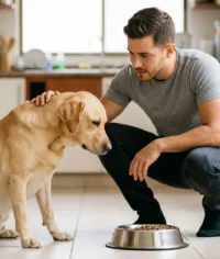 Hombre joven agachado en la cocina junto a su perro labrador que aparta la cara de su plato de comida porque no quiere comer